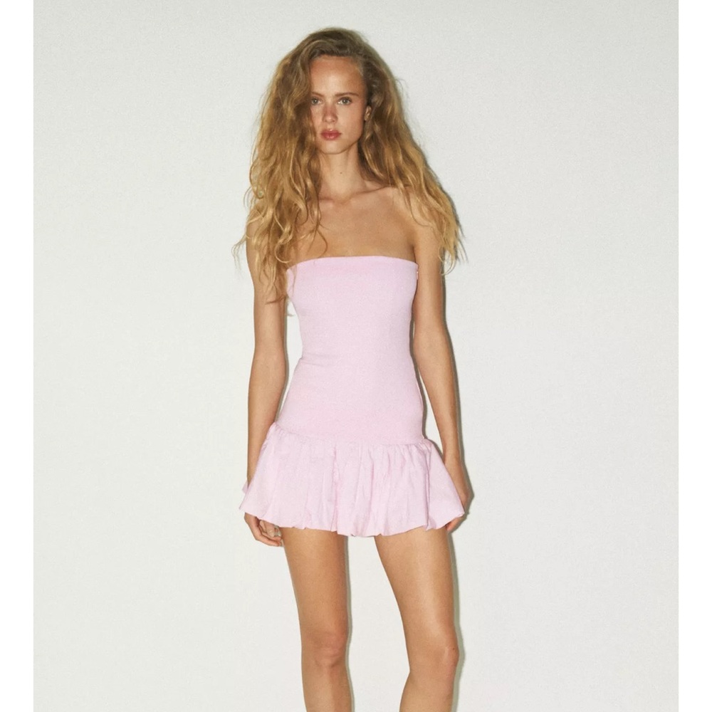 Zara ballon straight neck mini pink dress